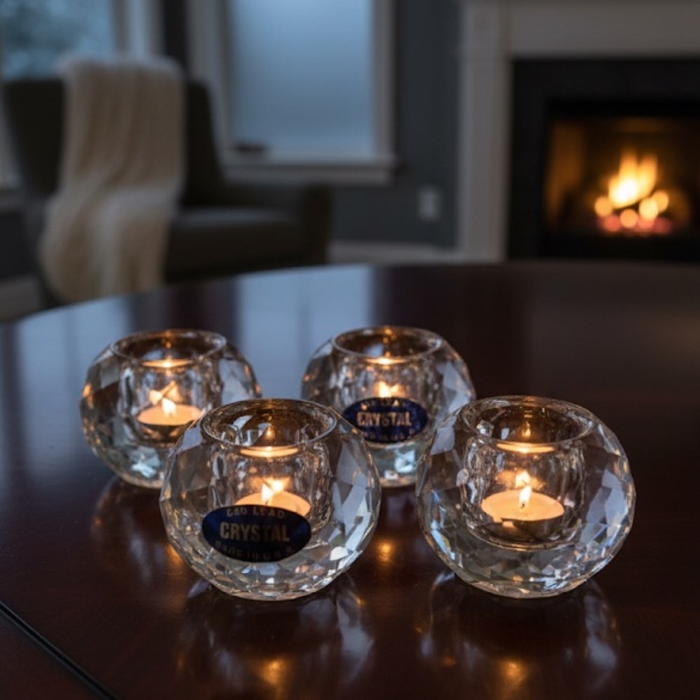 24% Lead Crystal Candle Stick Holders Made In U.S.A Geometric Design Set Of 4
